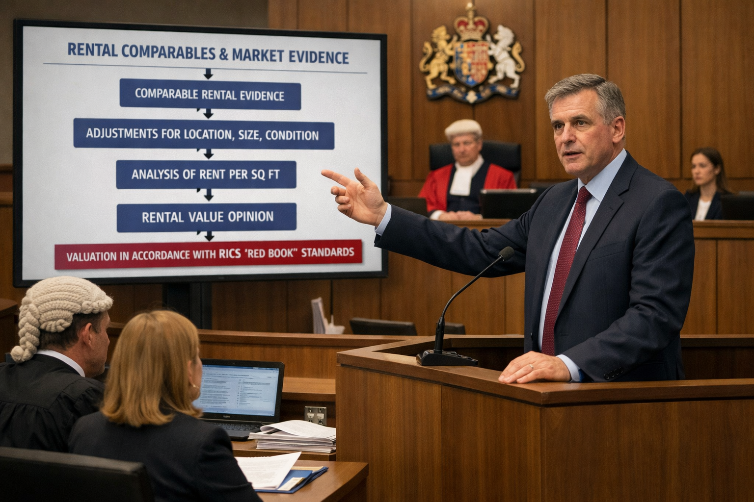 Detailed () image depicting professional expert witness giving testimony in modern UK courtroom setting. Chartered surveyor