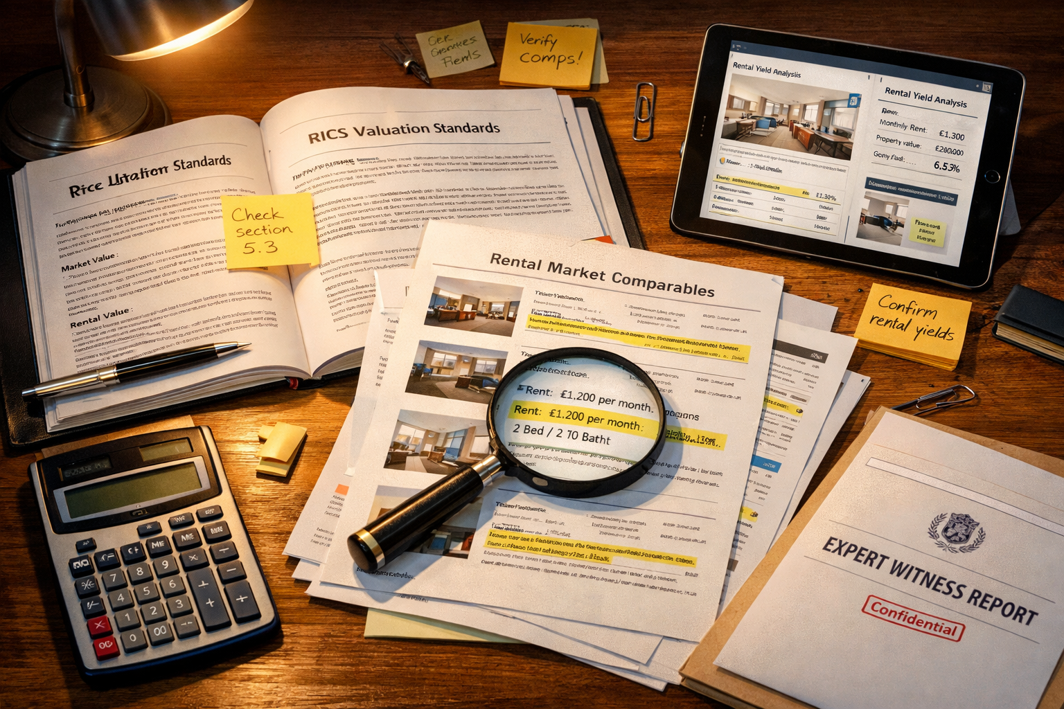 Detailed () image showing close-up of expert witness report documentation and evidence preparation materials spread across