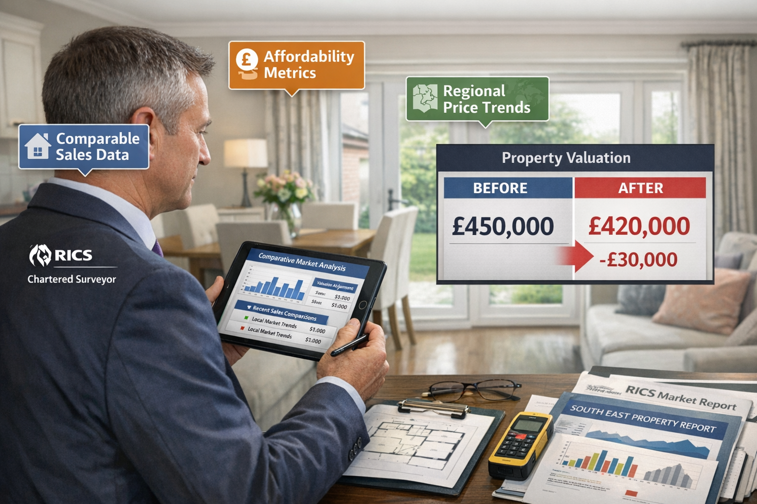 Detailed () image depicting RICS chartered surveyor conducting property assessment in South East England home interior,