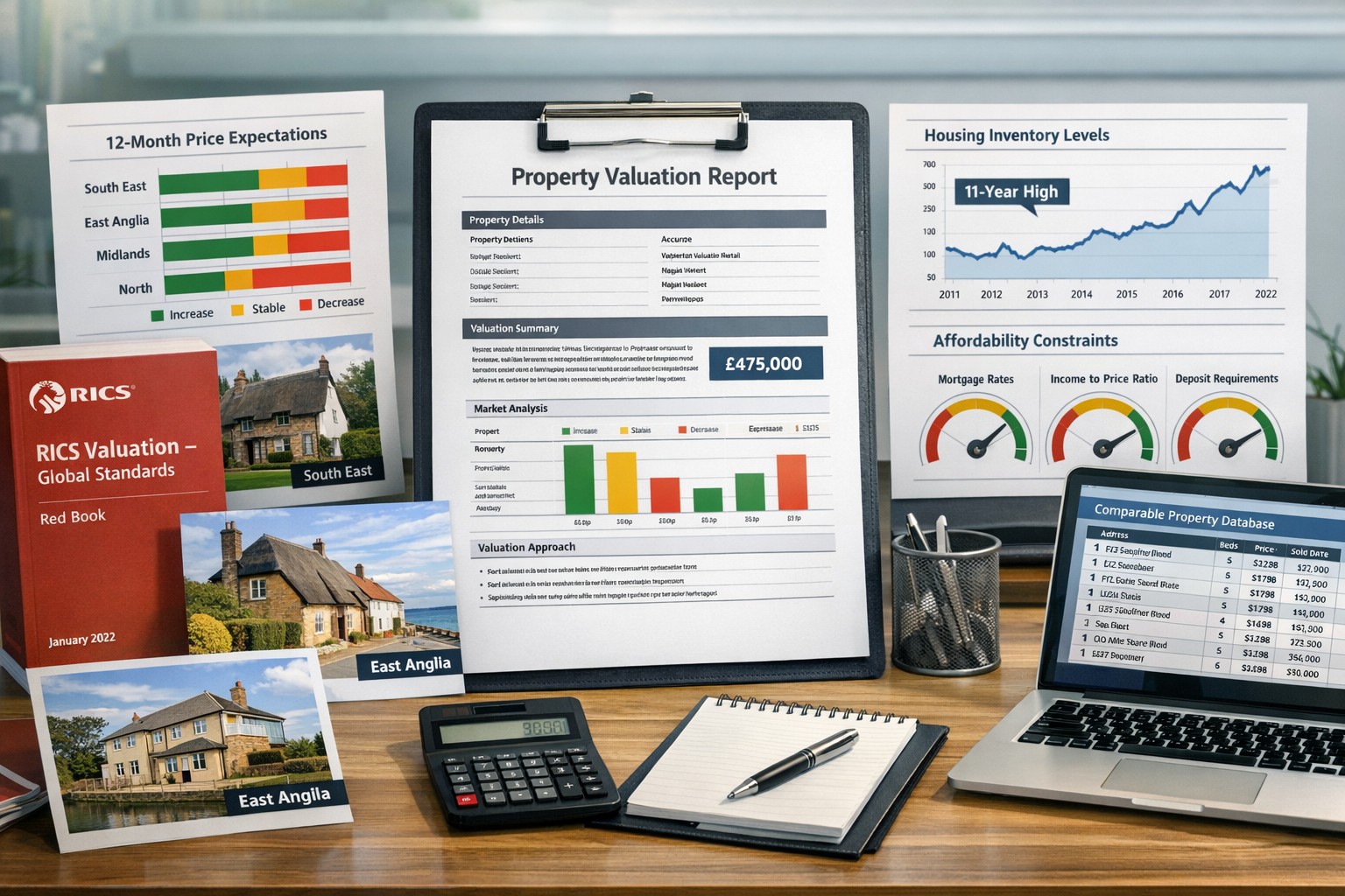 Detailed () image showing professional property valuation report document on modern desk with RICS Red Book guidelines
