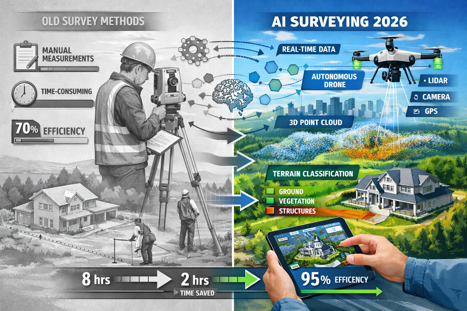 Landscape format (1536x1024) detailed illustration showing AI-powered surveying workflow transformation with split-screen comparison: left s