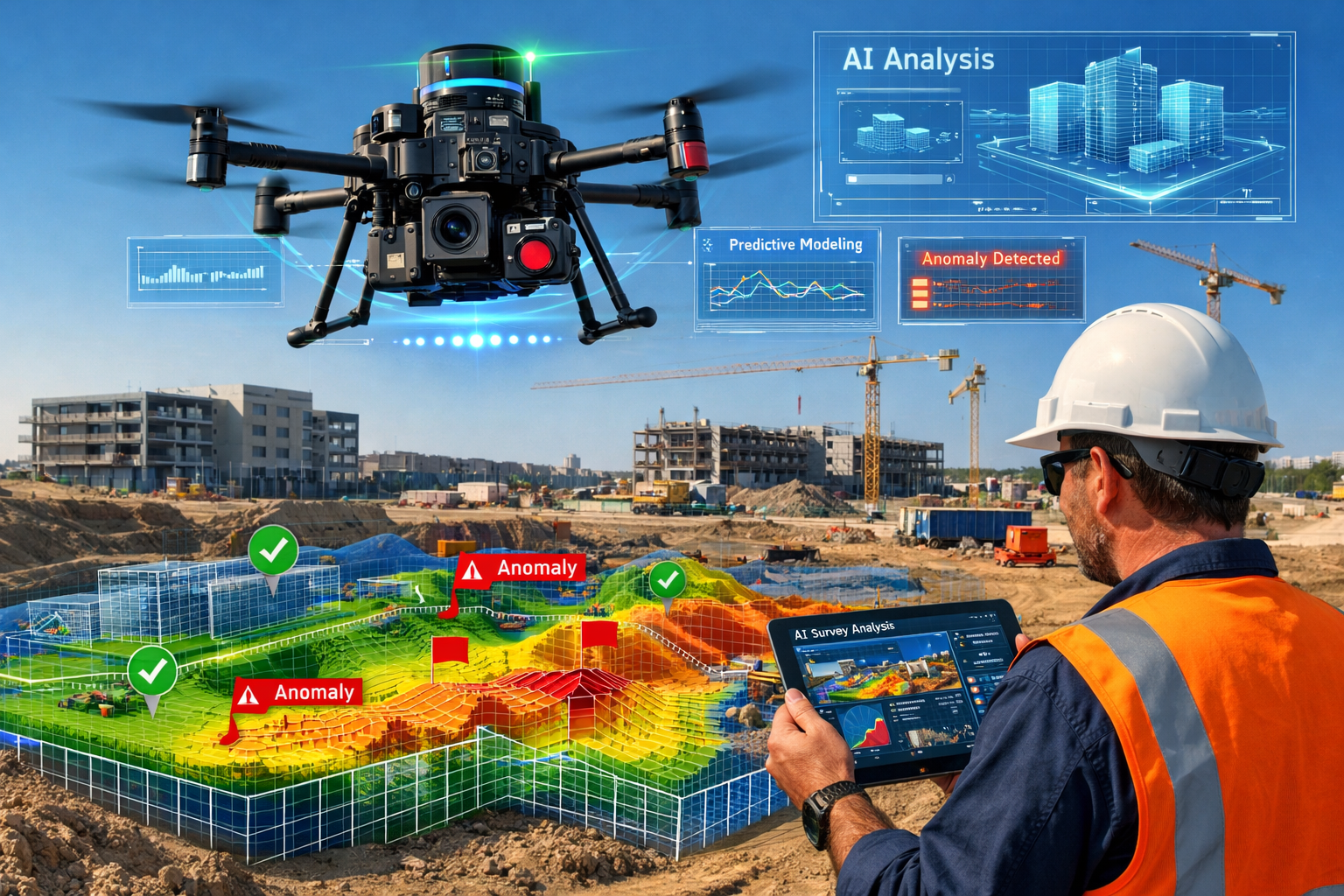 Landscape format (1536x1024) photorealistic scene of autonomous surveying drone in action over large commercial development site, equipped w
