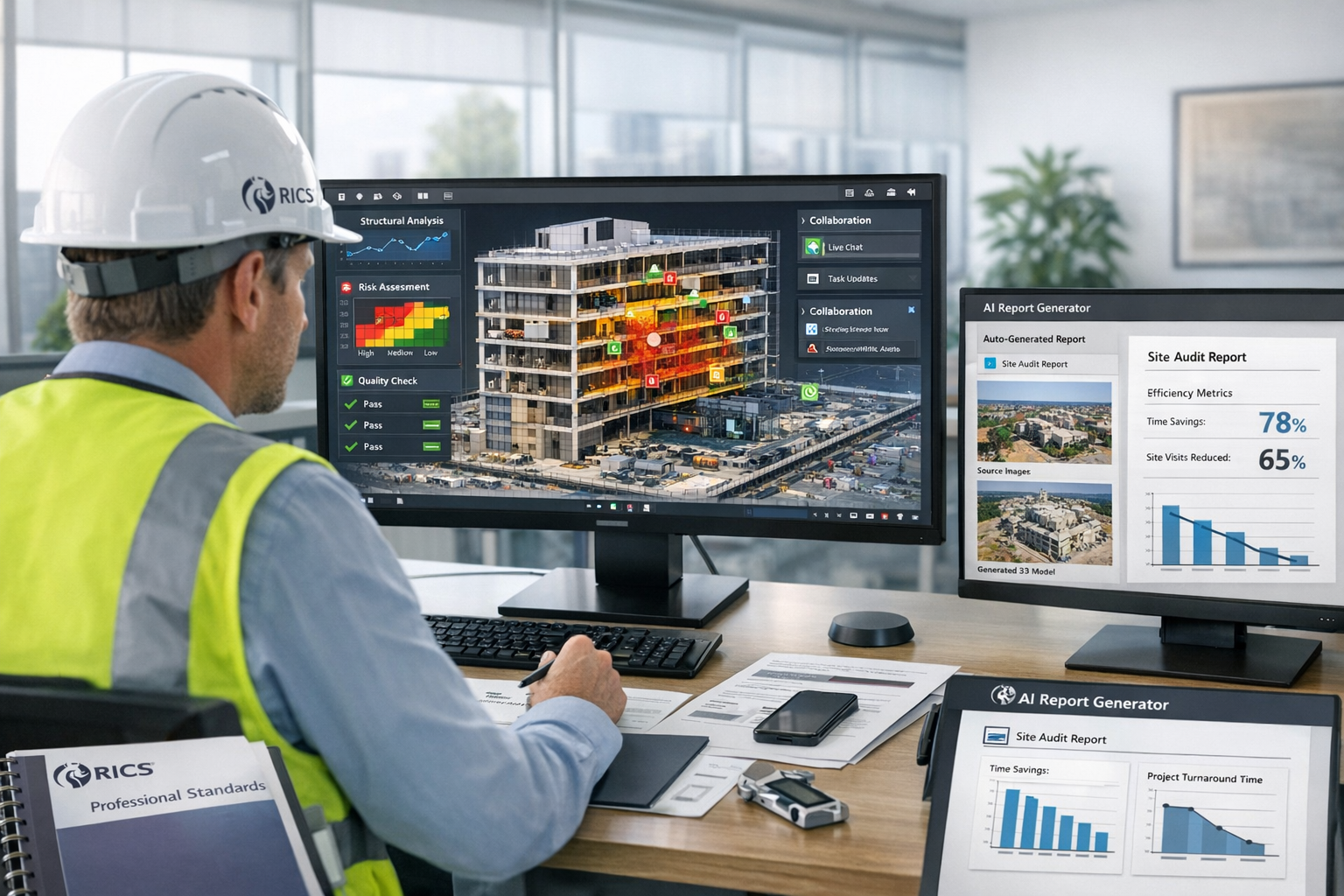 Landscape format (1536x1024) modern office environment showing surveying professional reviewing AI-generated 3D digital twin model on large 