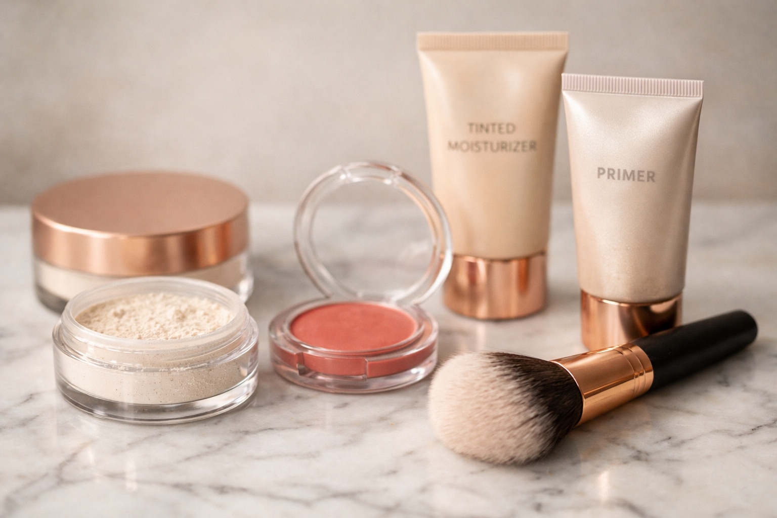 () editorial flat-lay image showing a curated collection of blurry makeup products on a marble surface: light-diffusing