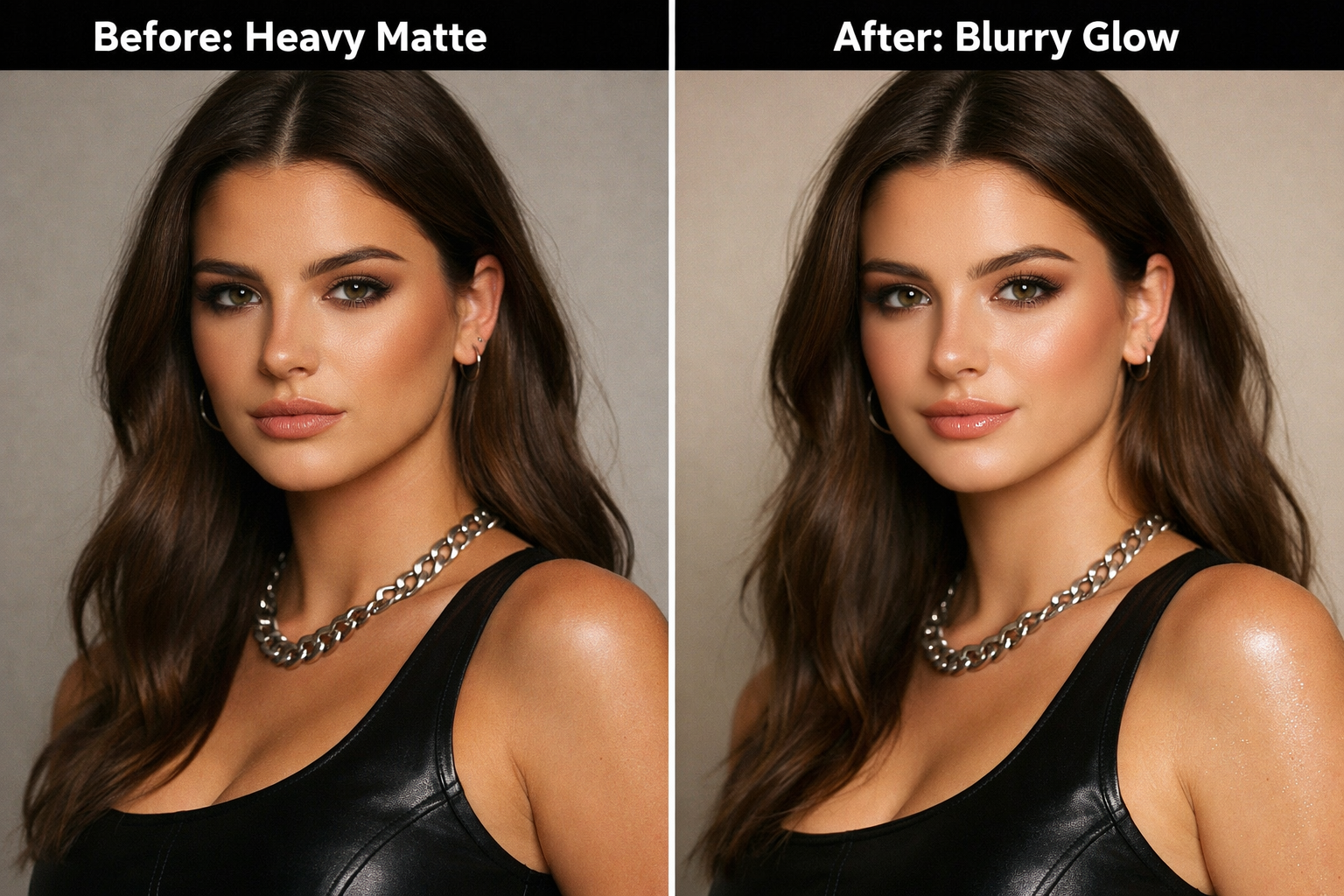 () split-screen comparison image: left side shows a Gen Z woman with heavy matte contour, sharp lines, and full-coverage