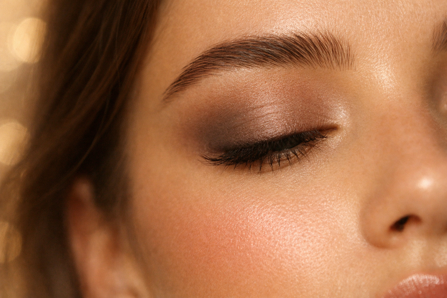 () close-up macro beauty shot of a Gen Z woman's cheek and eye area showing blurry makeup technique in action: cream