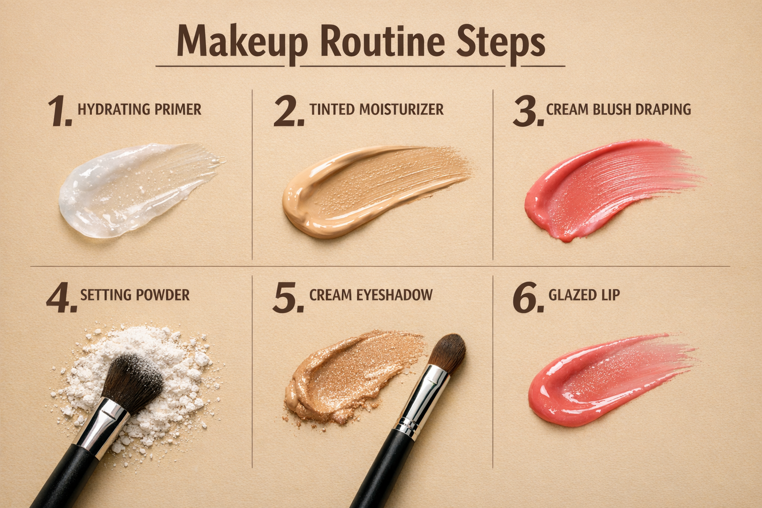 () step-by-step tutorial flat-lay infographic showing the blurry makeup routine in numbered steps: 1 hydrating primer, 2