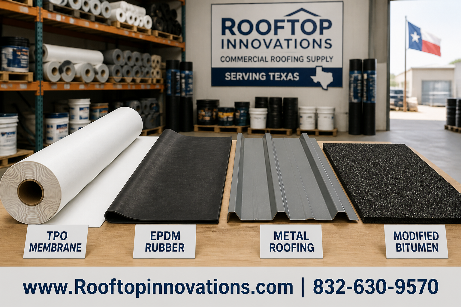 Detailed () image showing a close-up comparison of commercial roofing materials laid side by side on a workbench: TPO white