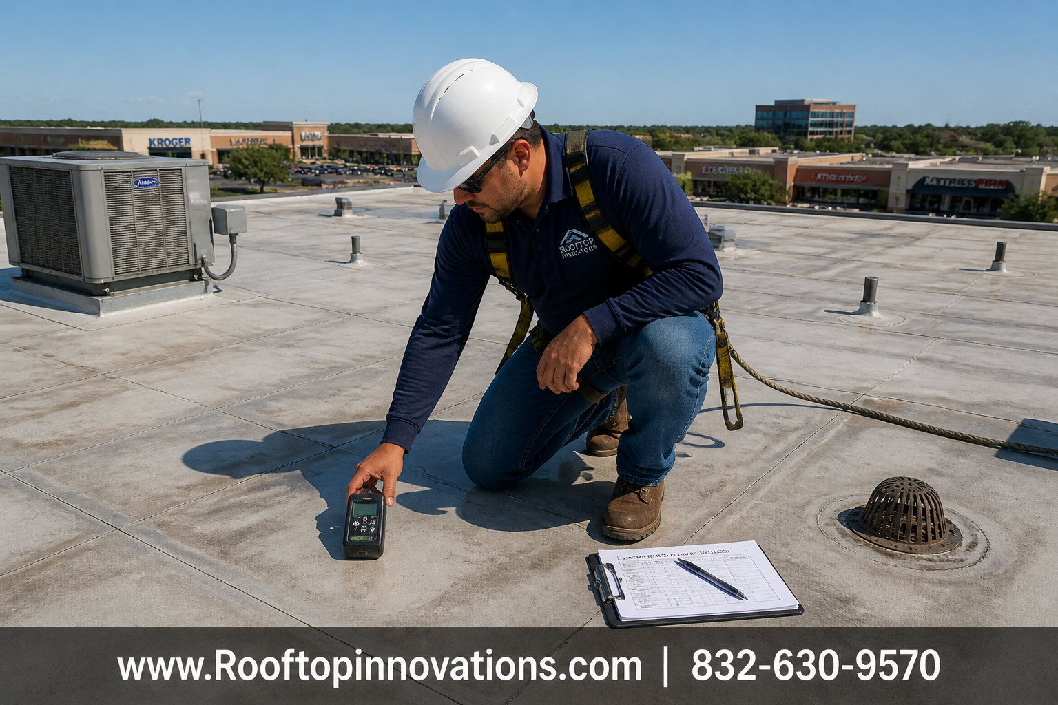 Detailed () image showing a professional roof inspector in hard hat and safety harness standing on a flat commercial roof in