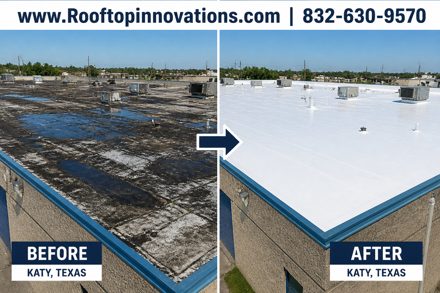 Detailed () image showing a before-and-after split composition of a commercial roof replacement project in Katy Texas. Left