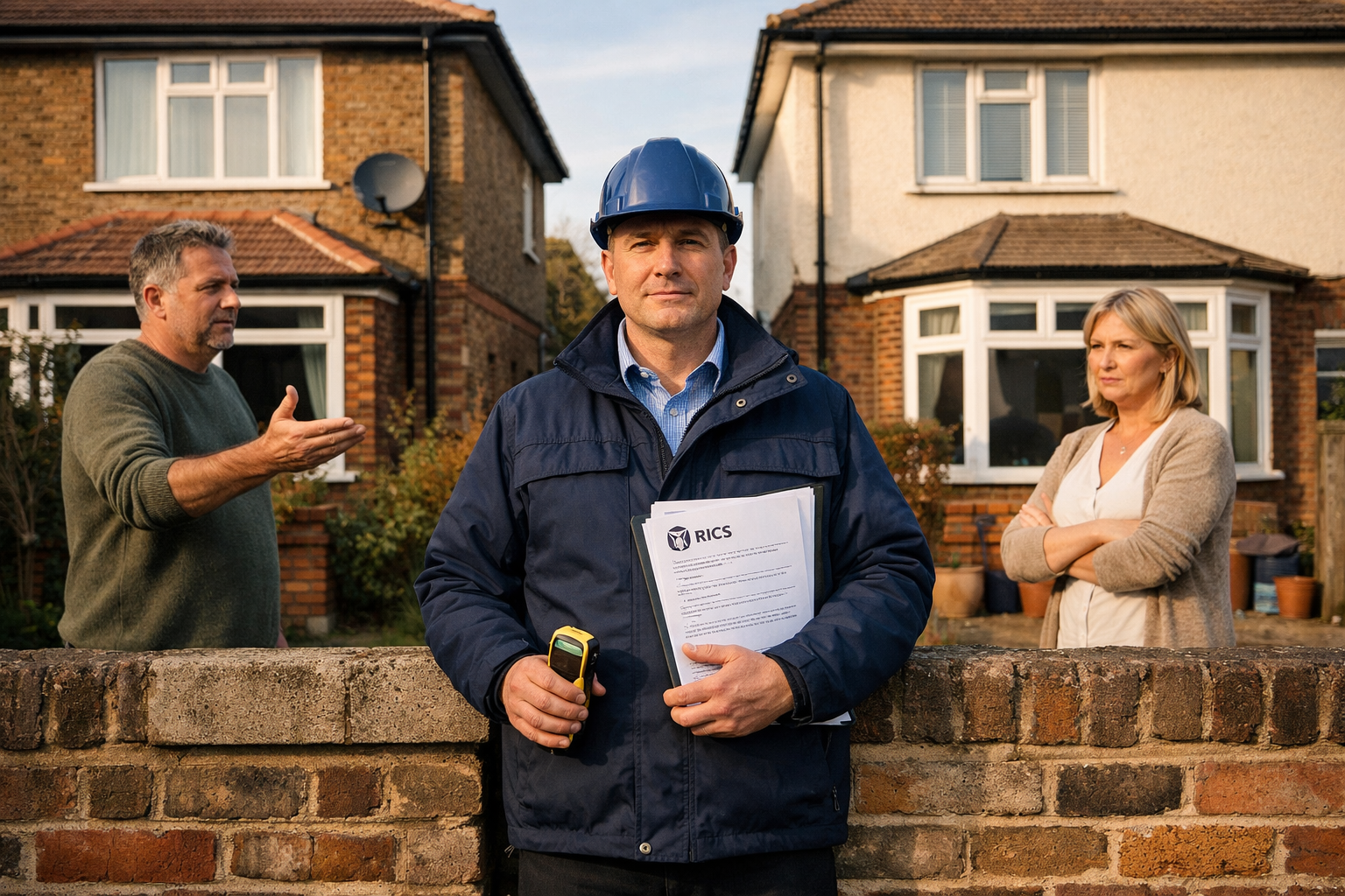 Wide-angle editorial photograph of a professional party wall surveyor standing at the boundary line between two