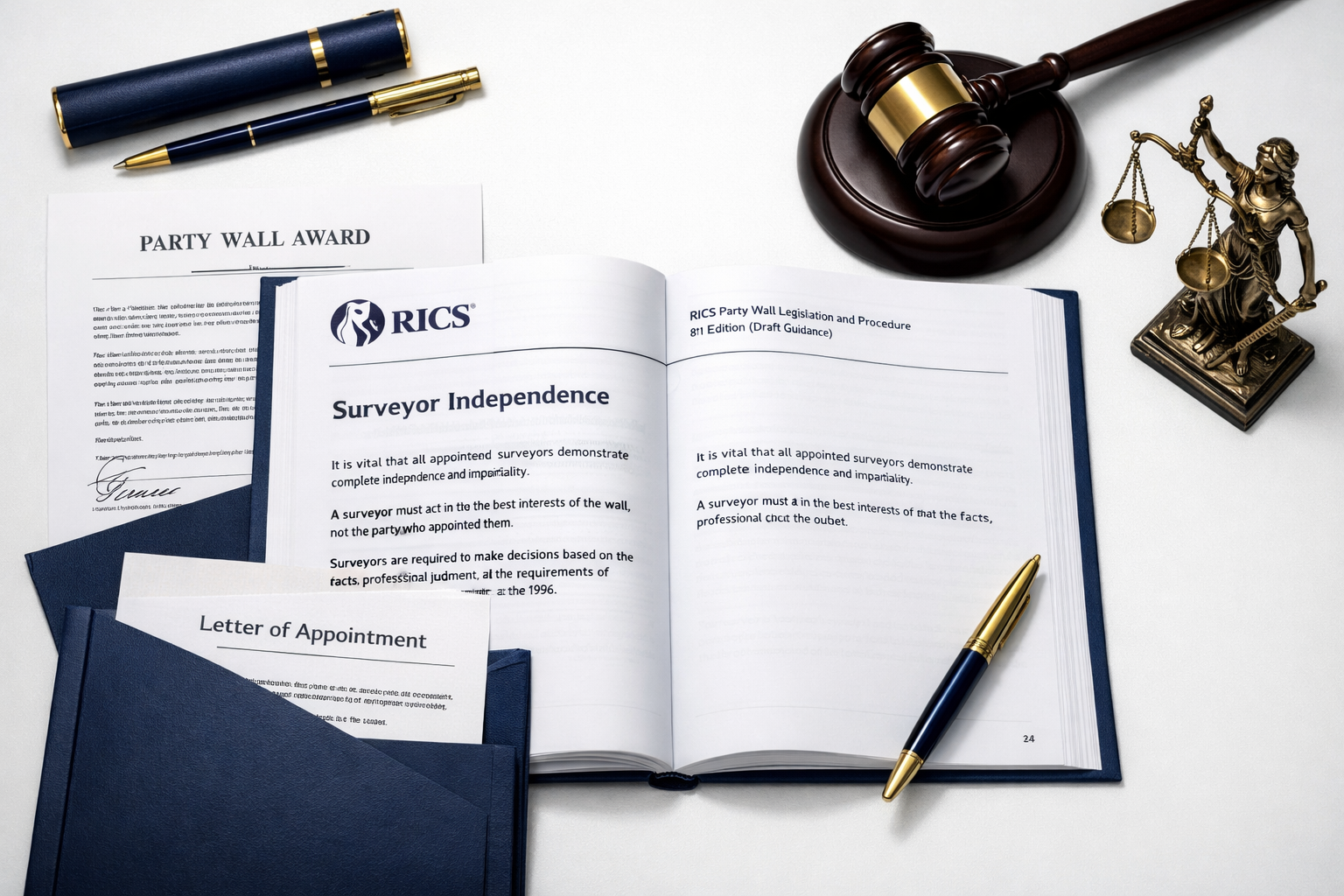 Flat-lay overhead shot of a formal desk showing the RICS 8th Edition Party Wall Practice Guidance draft document open to a