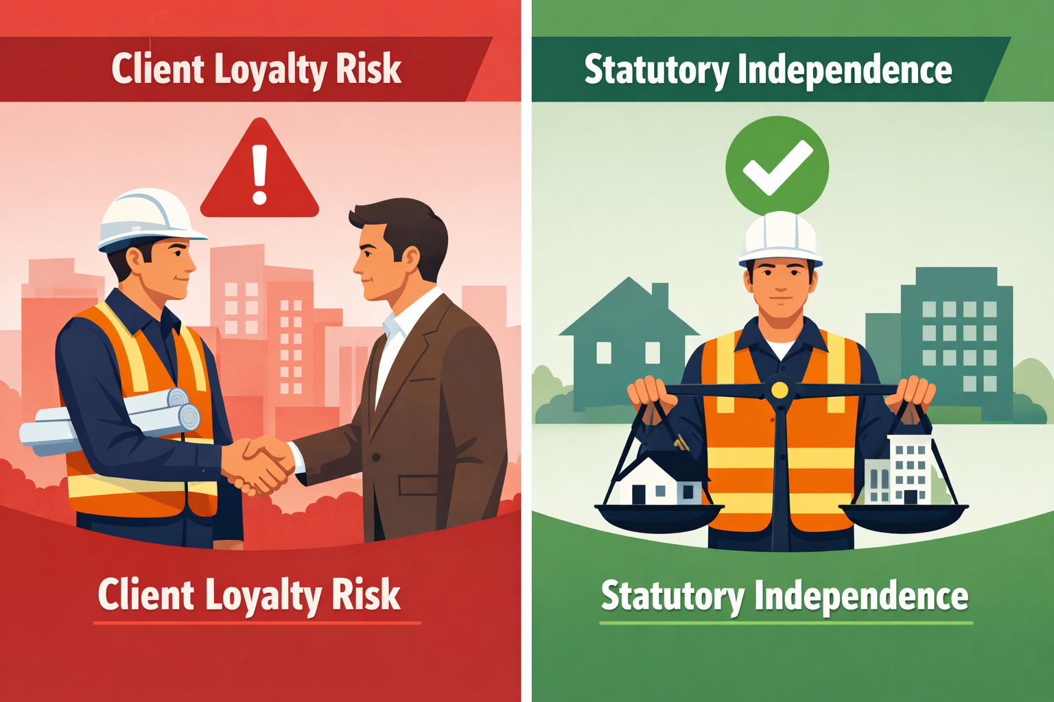 Split-screen infographic-style illustration showing two contrasting scenarios: on the left, a surveyor shaking hands with a