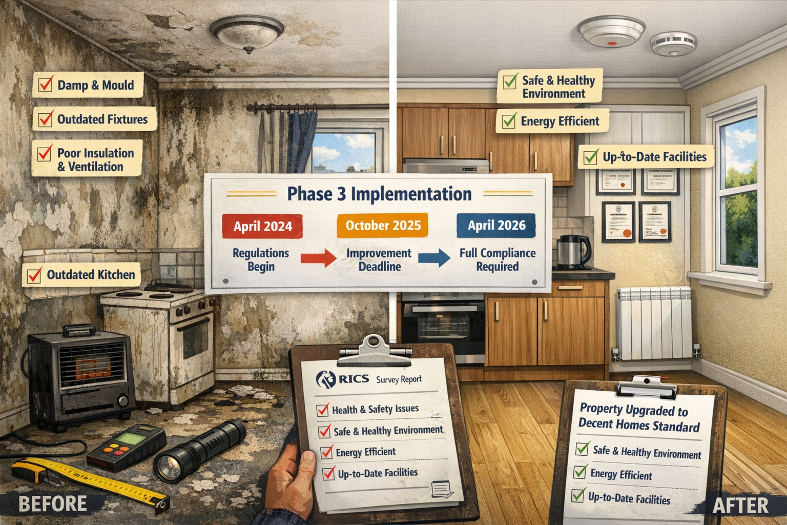 () detailed illustration showing split-screen comparison of rental property interior before and after Decent Homes Standard