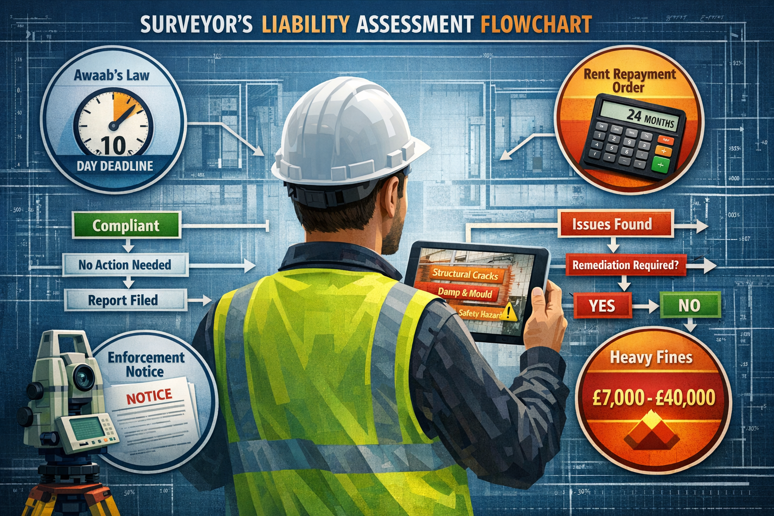 () professional infographic showing surveyor's liability assessment flowchart with decision tree branches. Central figure of