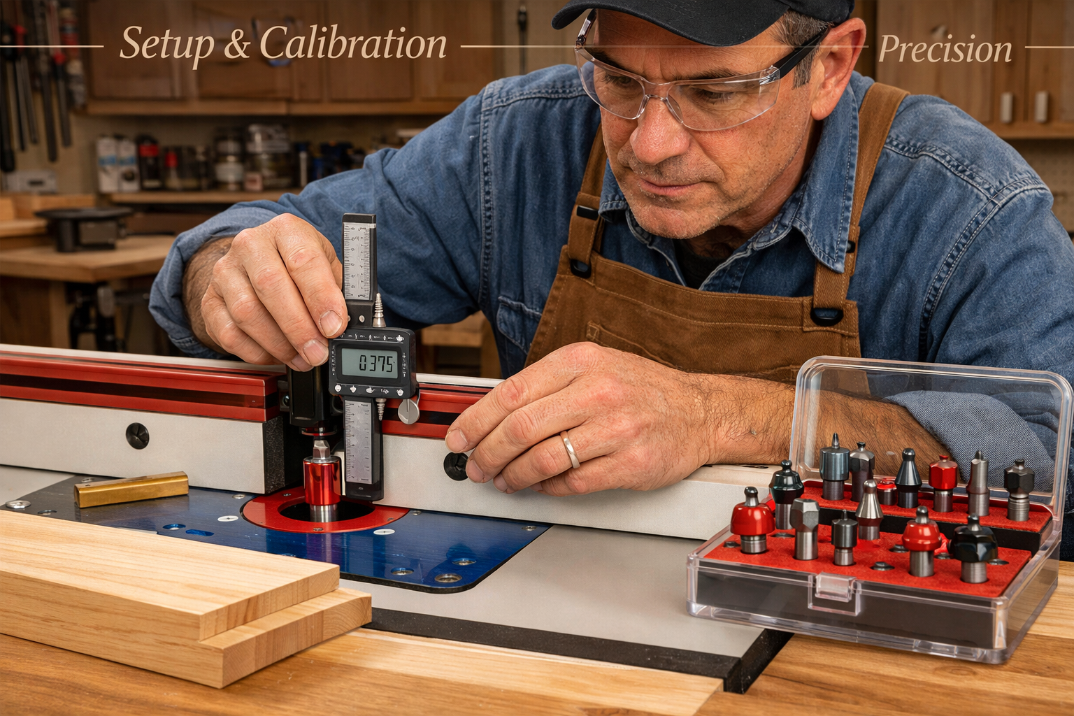 Detailed () image showcasing a woodworking shop with a well-organized router table setup. Focus on a skilled woodworker