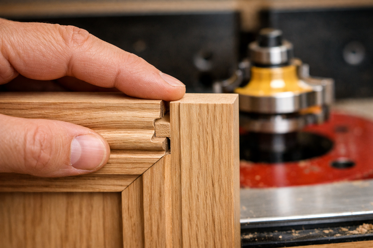 Detailed () image illustrating advanced router table joinery techniques. The central focus is on a close-up of a perfectly