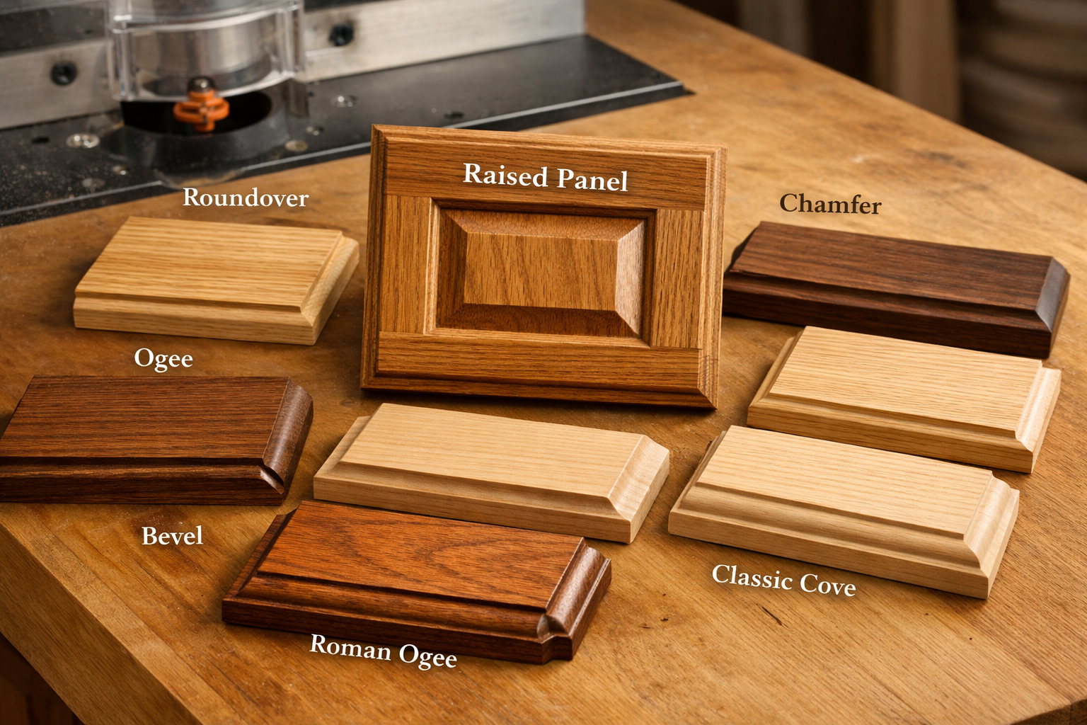 Detailed () image featuring various decorative edges and raised panel work created using a router table. A collection of