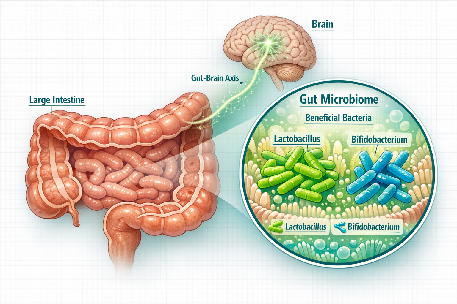Detailed () editorial illustration showing a cross-section diagram of the human large intestine with magnified microbiome