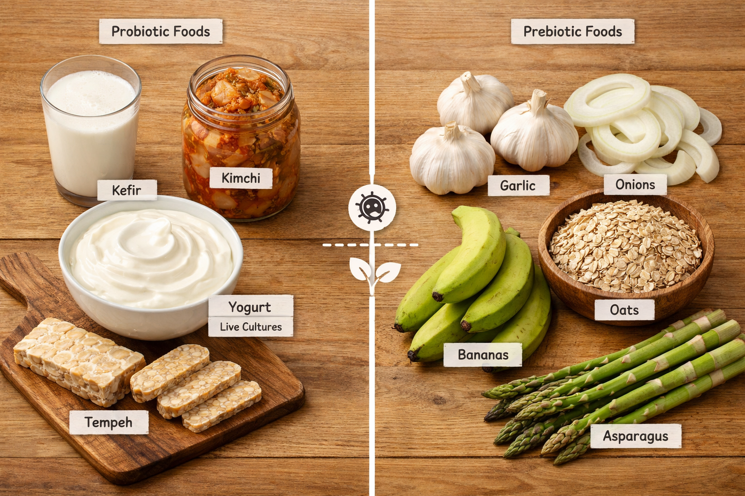 () flat-lay food photography showing two distinct groups arranged on a natural wood surface: left cluster features probiotic