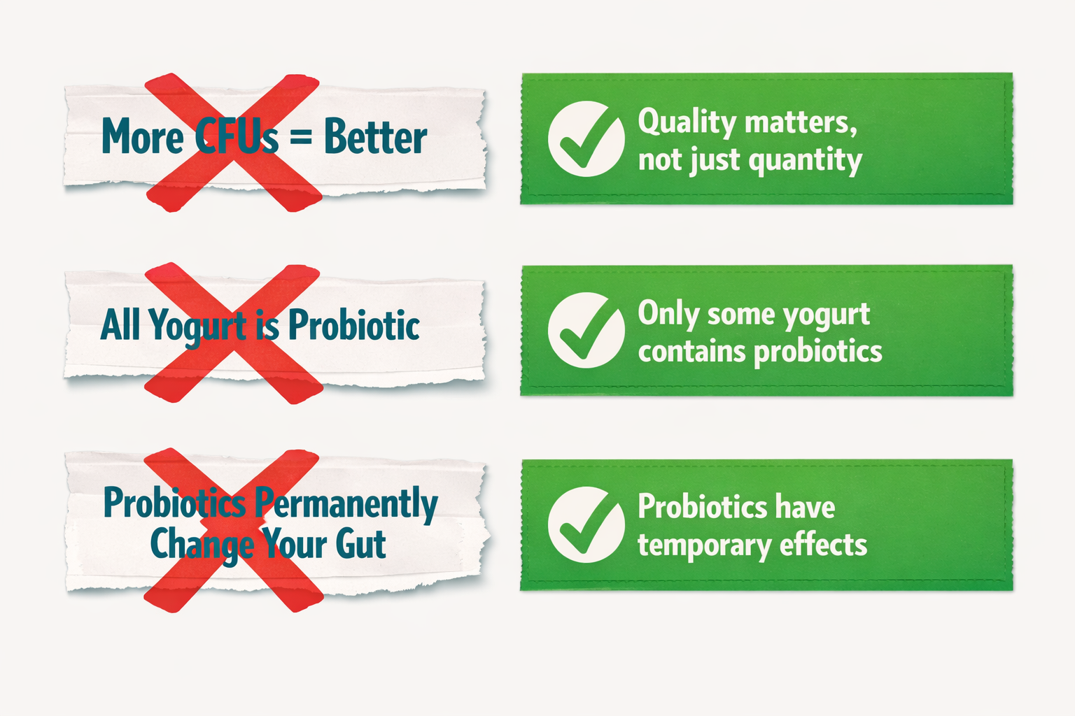 () concept illustration showing a myth-busting visual: a red X stamp over common misconceptions written on torn paper labels