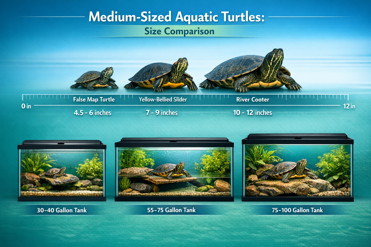 Professional landscape image (1536x1024) displaying size comparison infographic of medium-sized aquatic turtles including yellow-bellied sli
