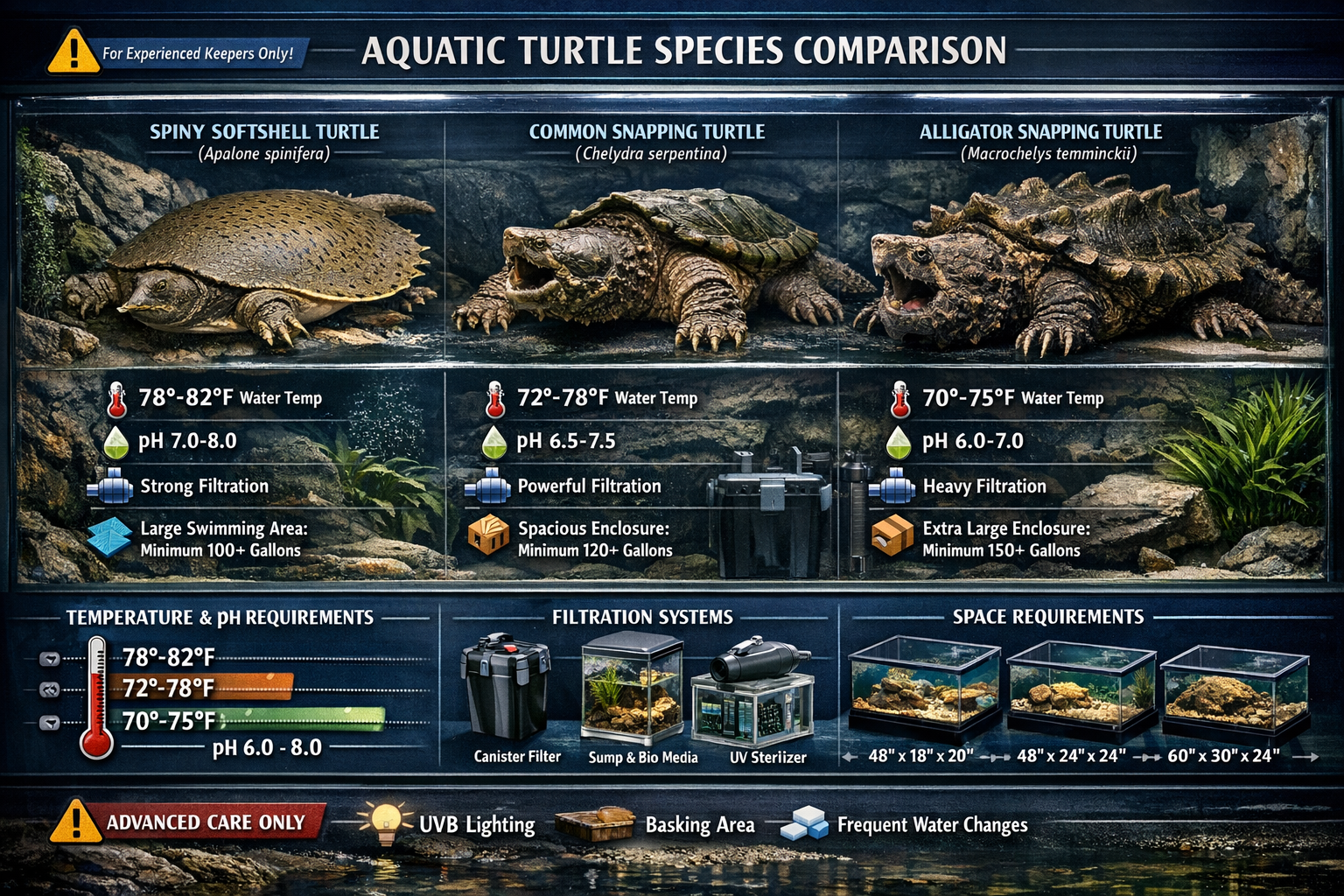Detailed landscape image (1536x1024) featuring large aquatic turtle species comparison with spiny softshell turtle, common snapping turtle, 