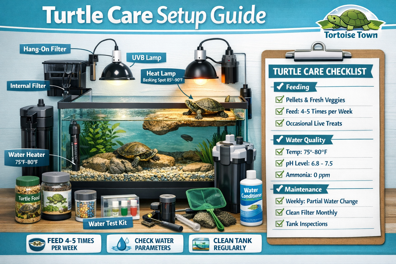 Professional landscape image (1536x1024) showing comprehensive turtle care setup guide with aquarium equipment, filtration systems, heating 