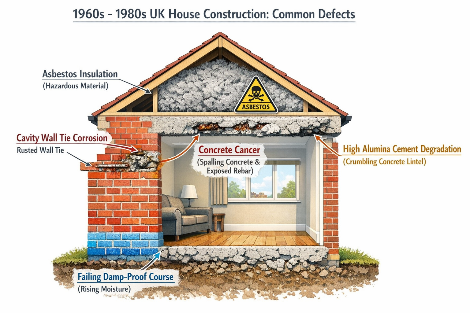 Detailed () image showing cross-section diagram of 1960s-1980s UK house construction with labeled common defects. Visual