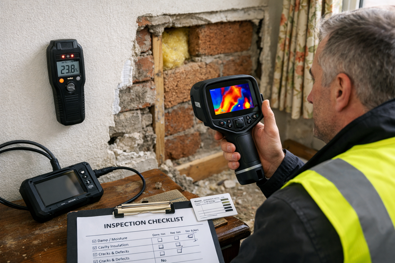 Detailed () photograph showing professional building surveyor conducting thorough inspection of 1970s property interior.