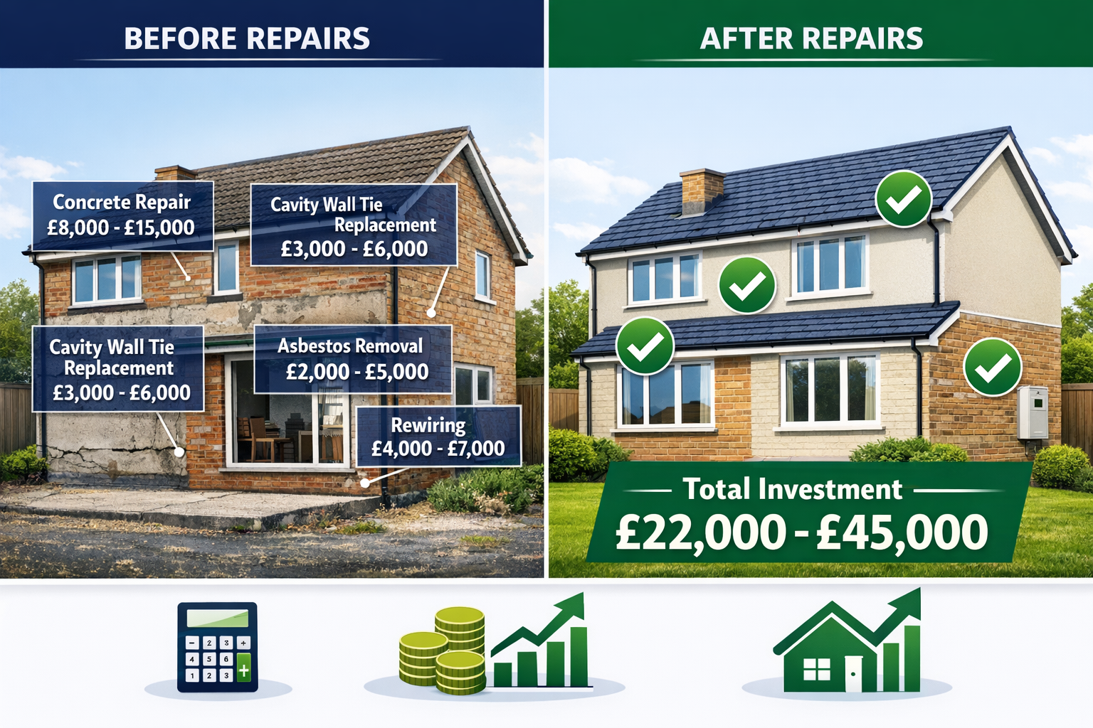 Detailed () comparative visual showing before-and-after remediation costs for 1960s-1980s housing defects. Left side