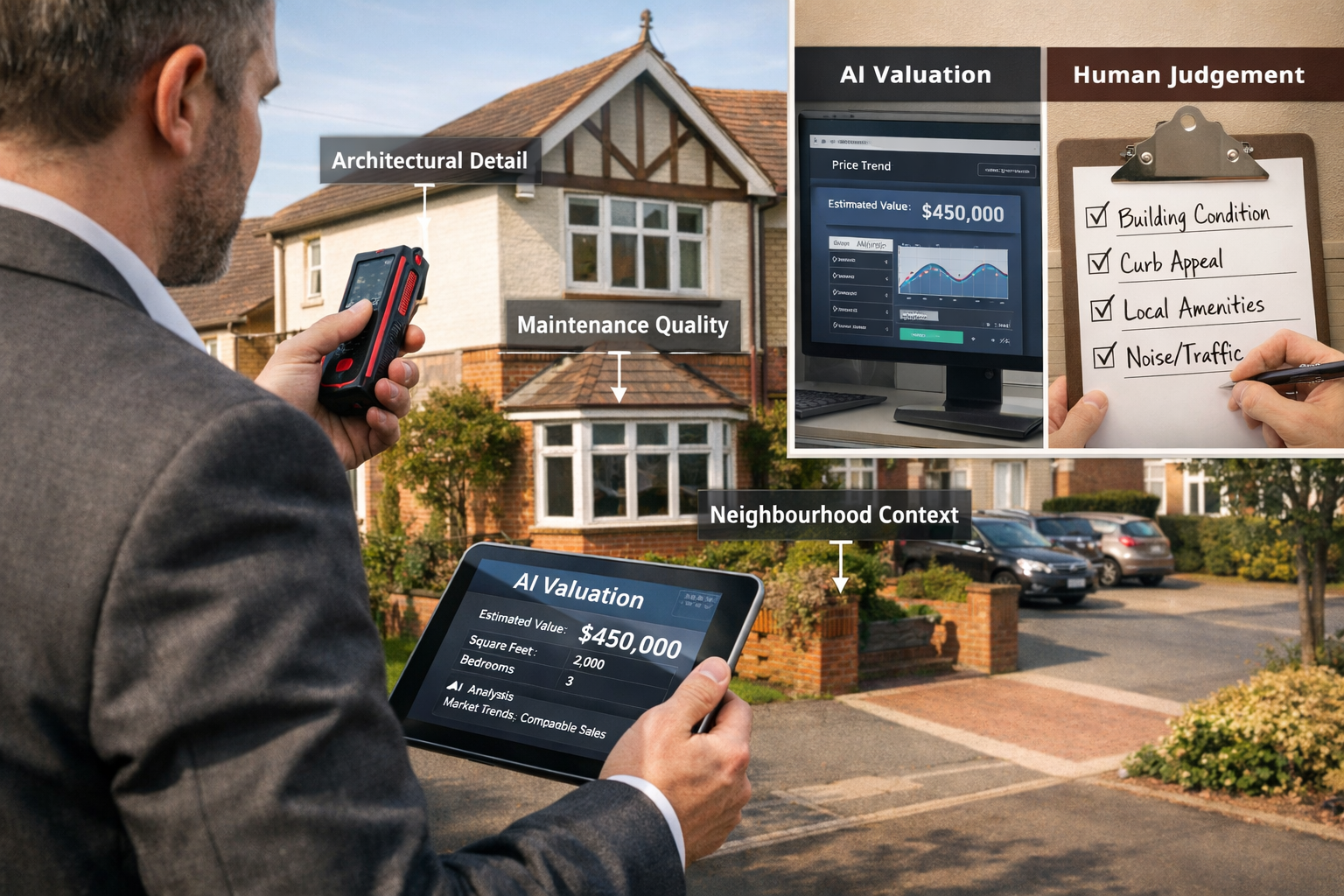 () professional scene showing chartered surveyor conducting manual property inspection with modern technology integration.