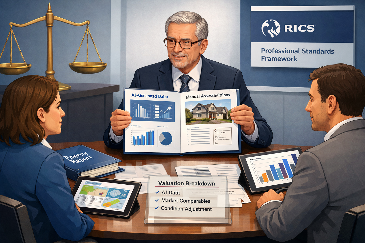 () conceptual illustration of buyer-seller dispute resolution process with chartered surveyor mediation. Central focus shows