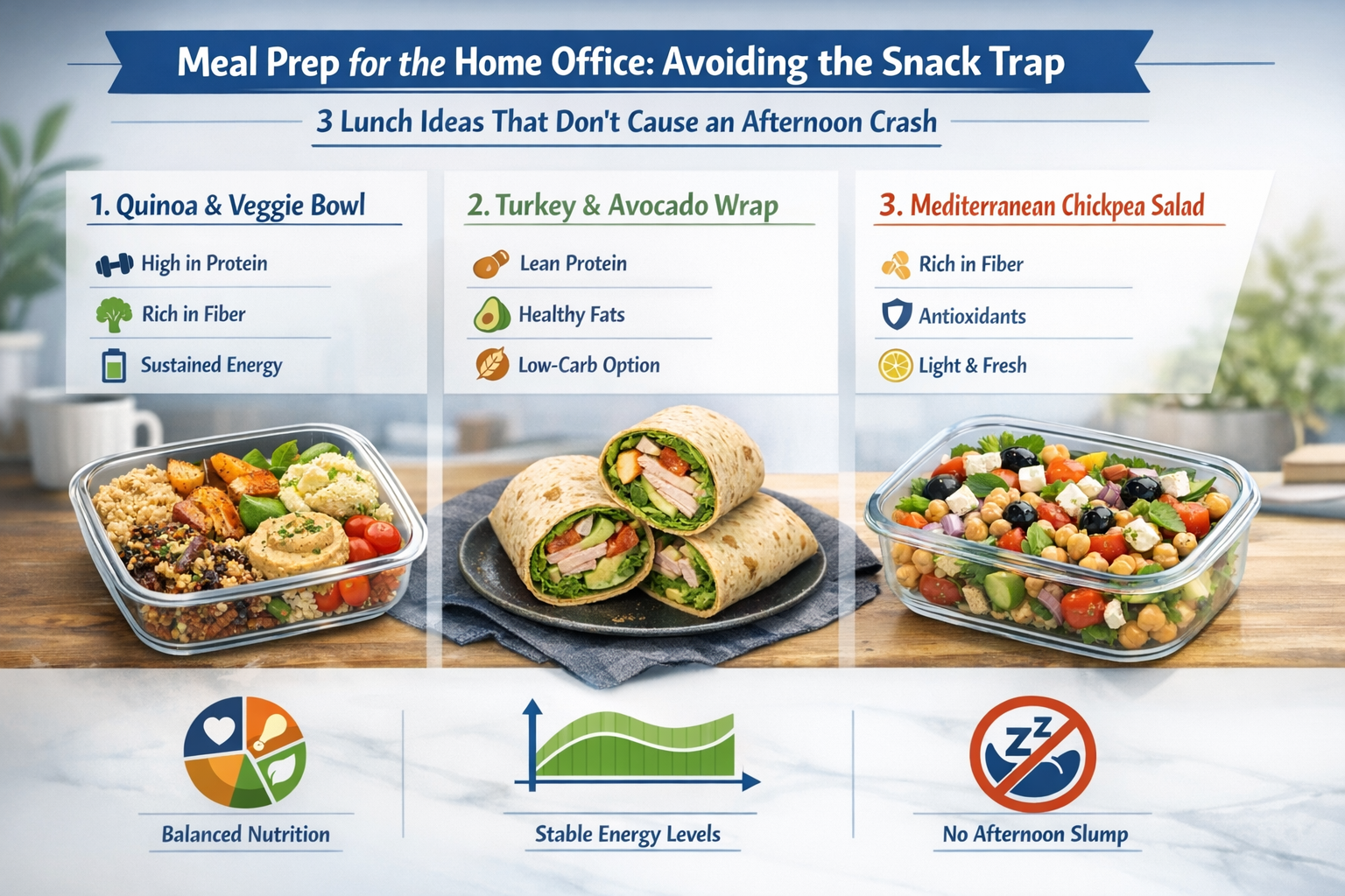 Professional landscape infographic (1536x1024) for article "Meal Prep for the Home Office: Avoiding the Snack Trap", section: "3 Lunch Ideas