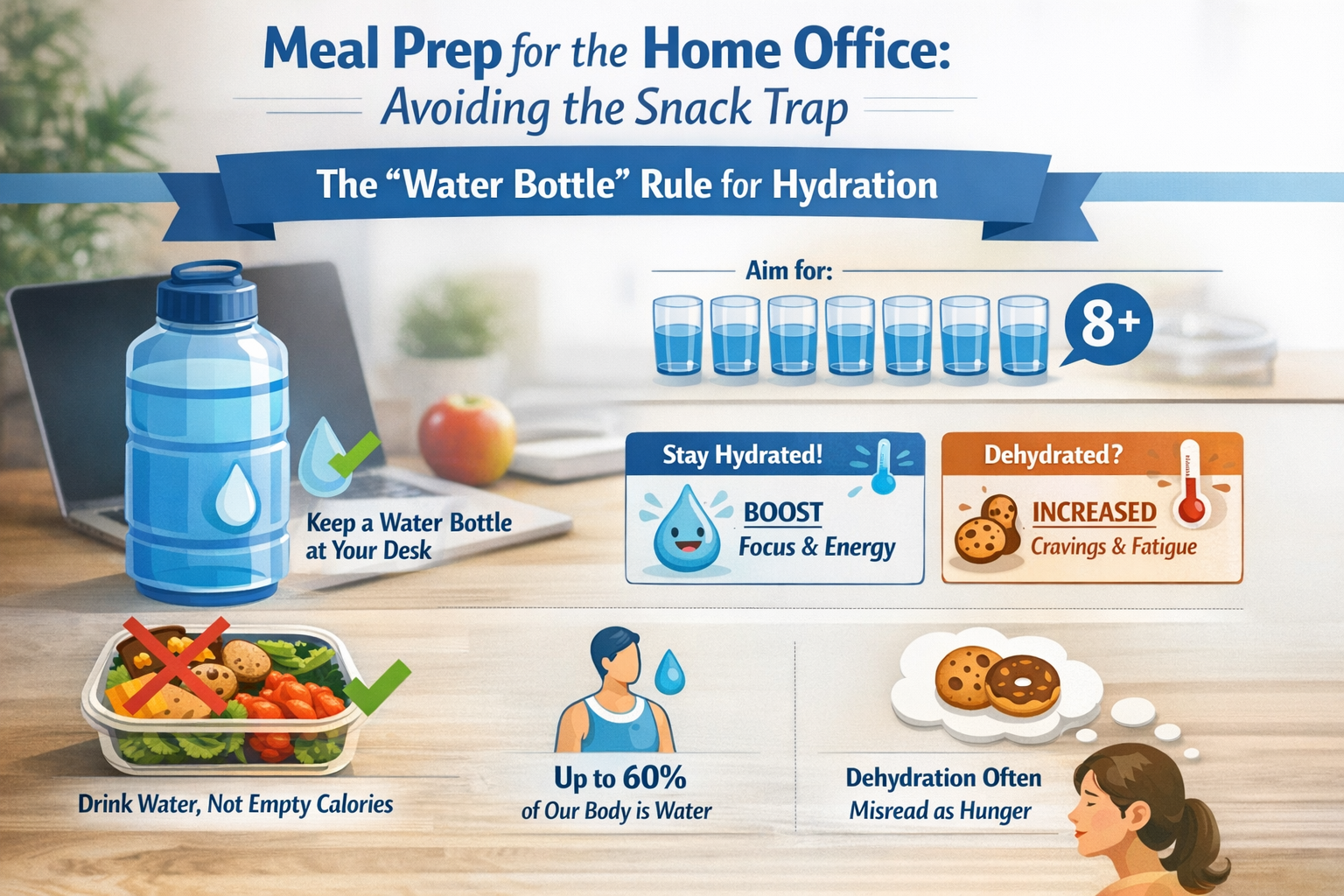 Professional landscape infographic (1536x1024) for article "Meal Prep for the Home Office: Avoiding the Snack Trap", section: "The "Water Bo