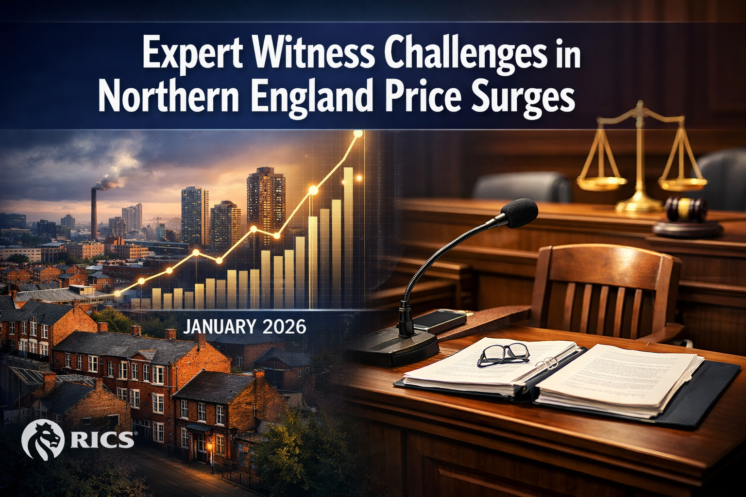 Professional () hero image featuring 'Expert Witness Challenges in Northern England Price Surges' in extra large white with
