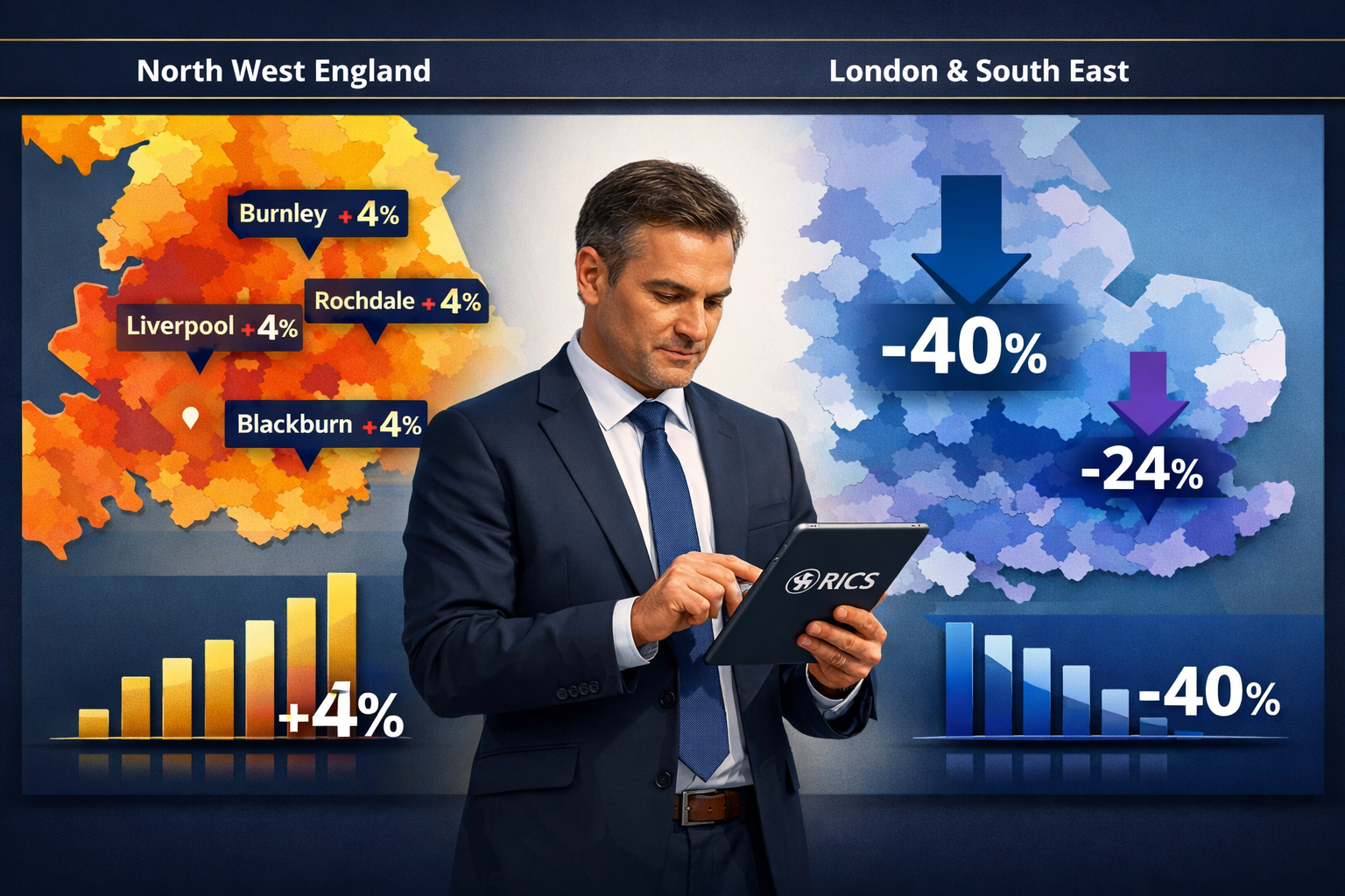 Detailed () image showing split-screen comparison of UK regional property markets. Left panel displays North West England
