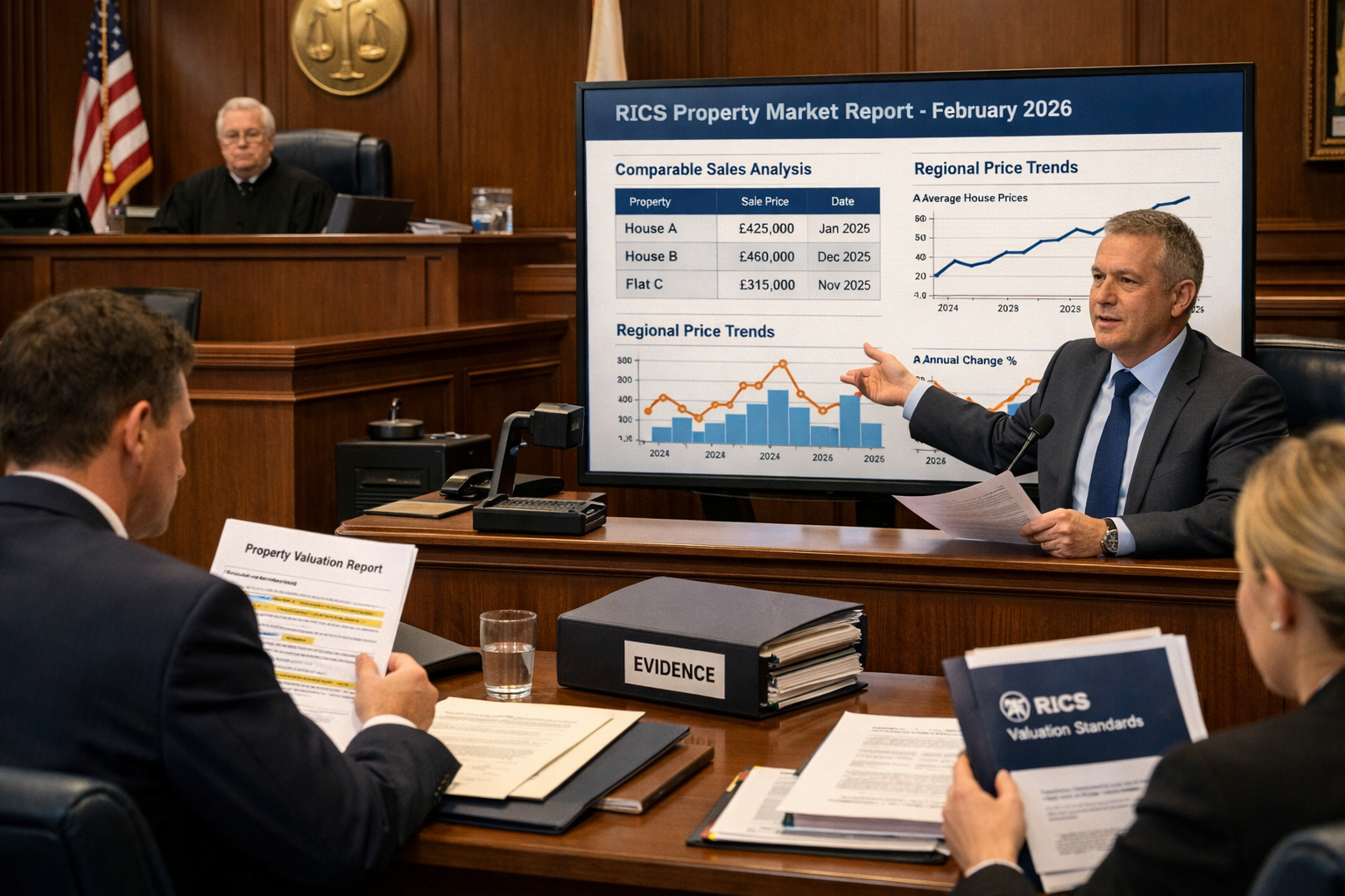 Detailed () courtroom scene showing expert witness testimony setup. Focus on professional chartered surveyor at witness