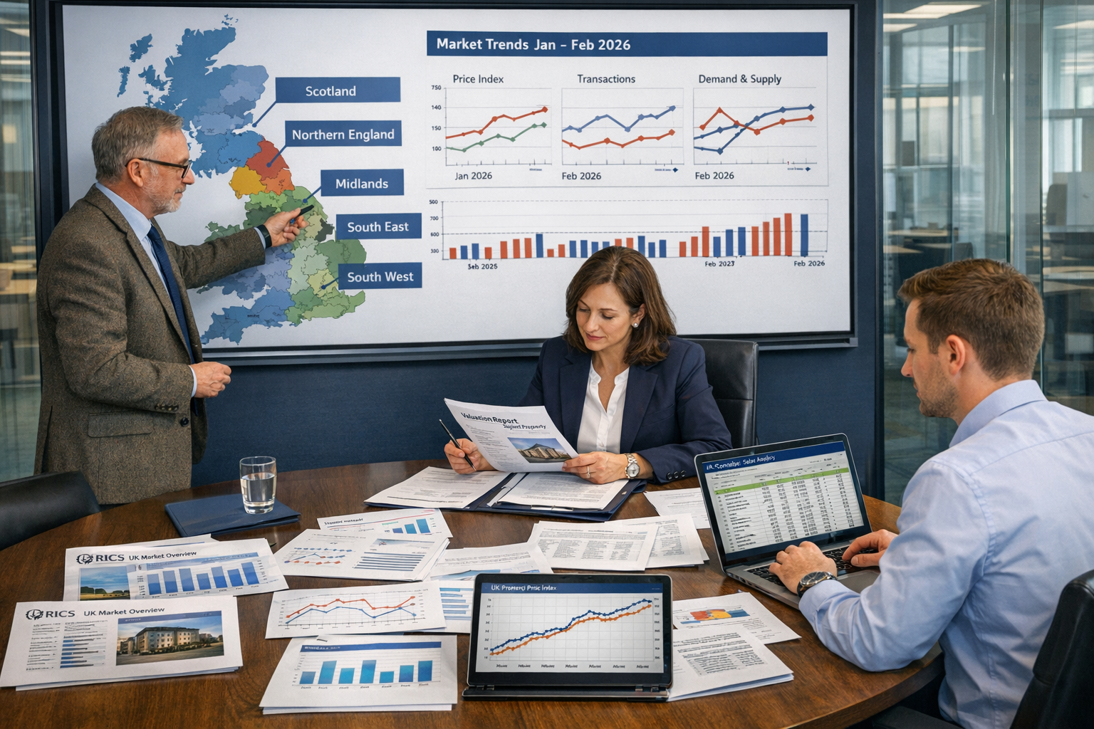 Detailed () professional office setting showing valuation defense strategy session. Central focus on large conference table