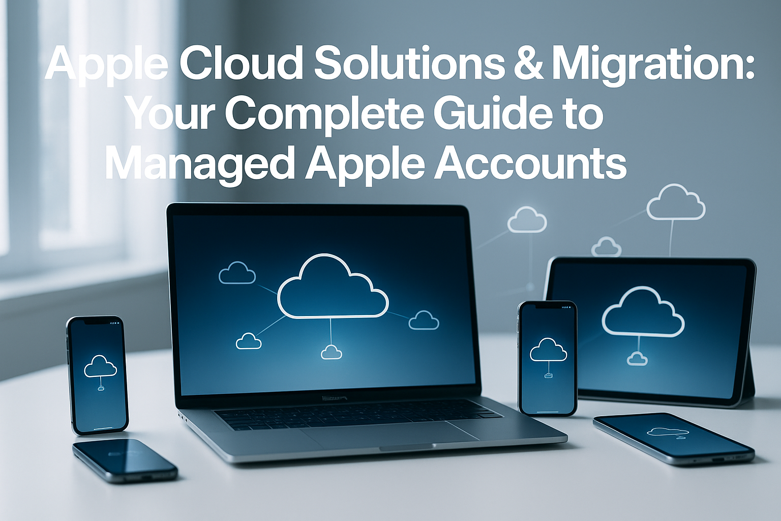 Professional landscape hero image (1536x1024) featuring bold text overlay 'Apple Cloud Solutions & Migration: Your Complete Guide to Managed
