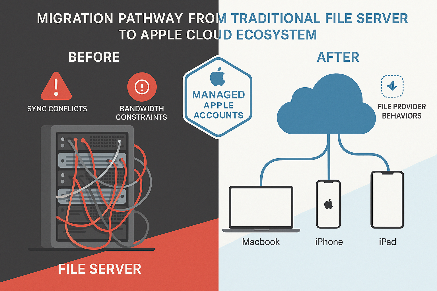 Detailed infographic illustration showing migration pathway from traditional file server to Apple cloud ecosystem, split-screen composition 