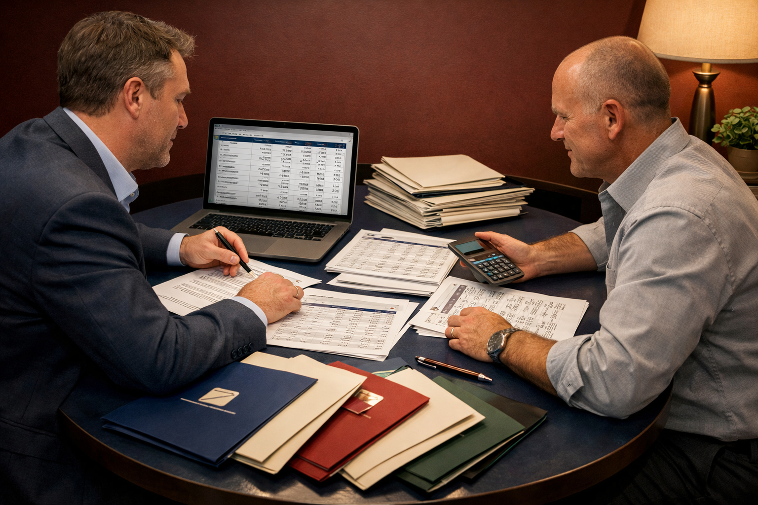 Wide-angle editorial illustration showing a mortgage broker seated at a round table with stacks of loan documents from