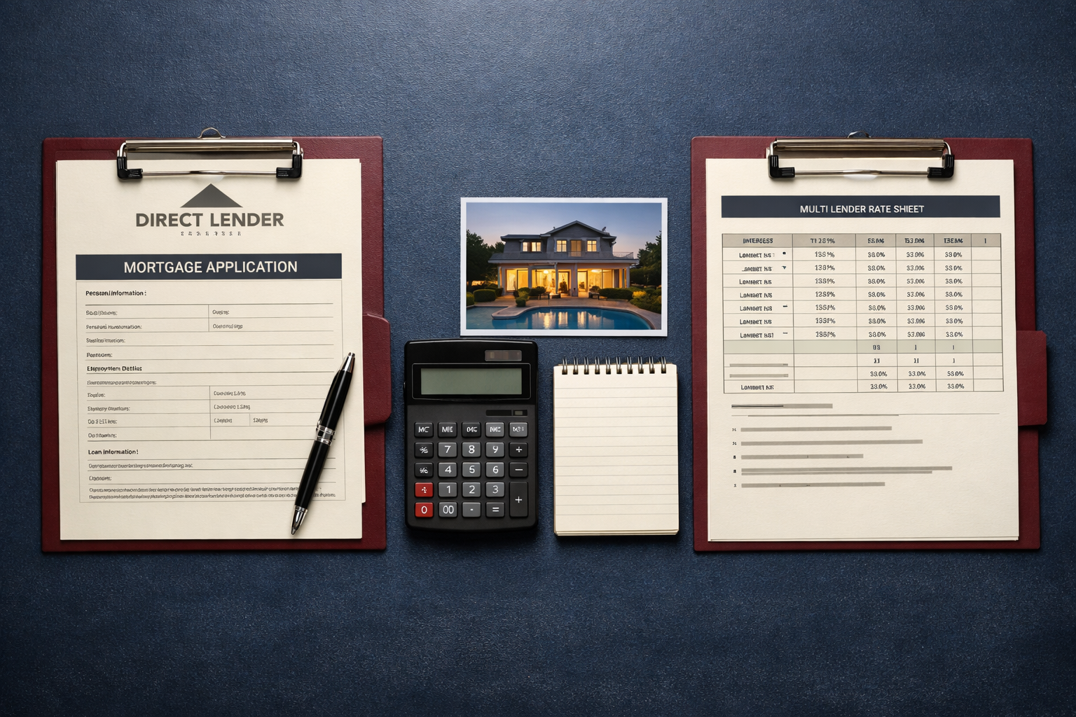 Flat-lay overhead shot of a financial comparison workspace showing two distinct zones on a large desk: one side with a