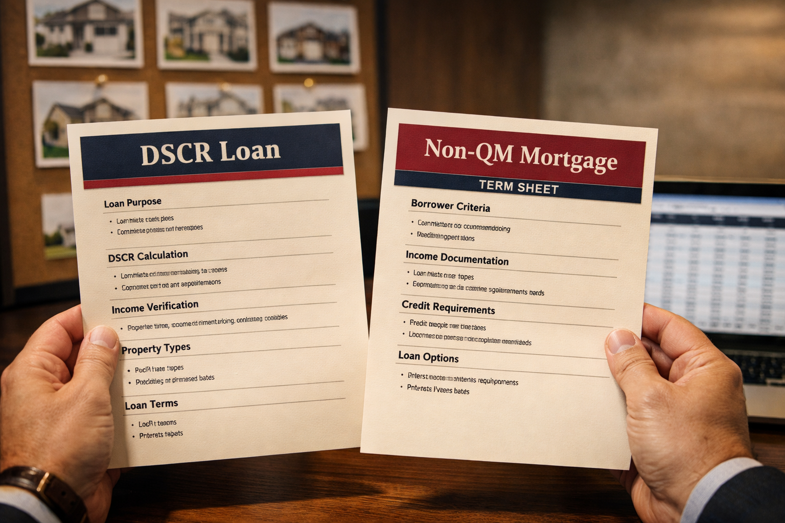 Close-up editorial photograph of a real estate investor's hands holding a DSCR loan document and a non-QM mortgage term
