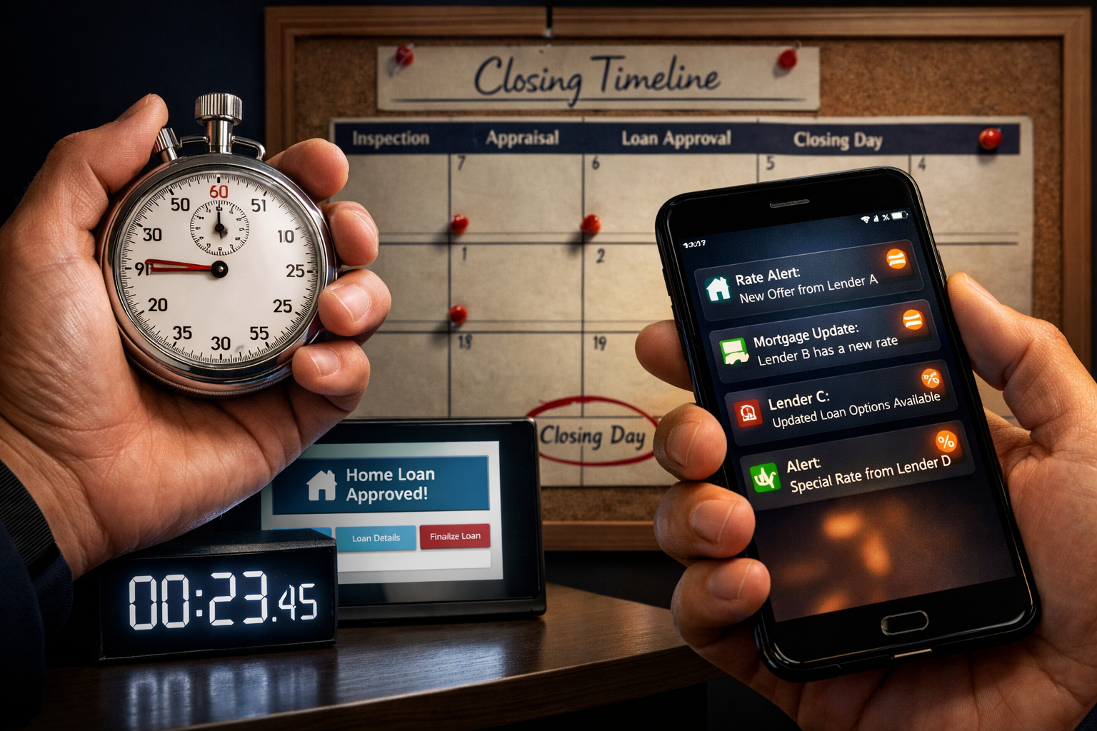 Dynamic split-screen editorial concept showing on the left a stopwatch and digital clock representing direct lender speed