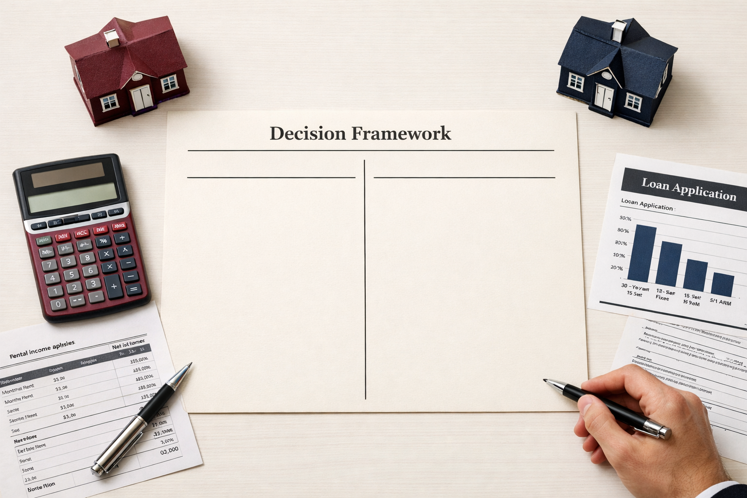 Overhead editorial flat-lay showing a decision framework worksheet on a large desk with two clearly divided columns,