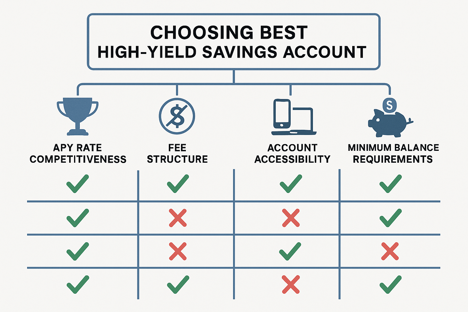 Landscape feature comparison matrix (1536x1024) displaying decision-making framework for choosing best high-yield savings account. Visual fl