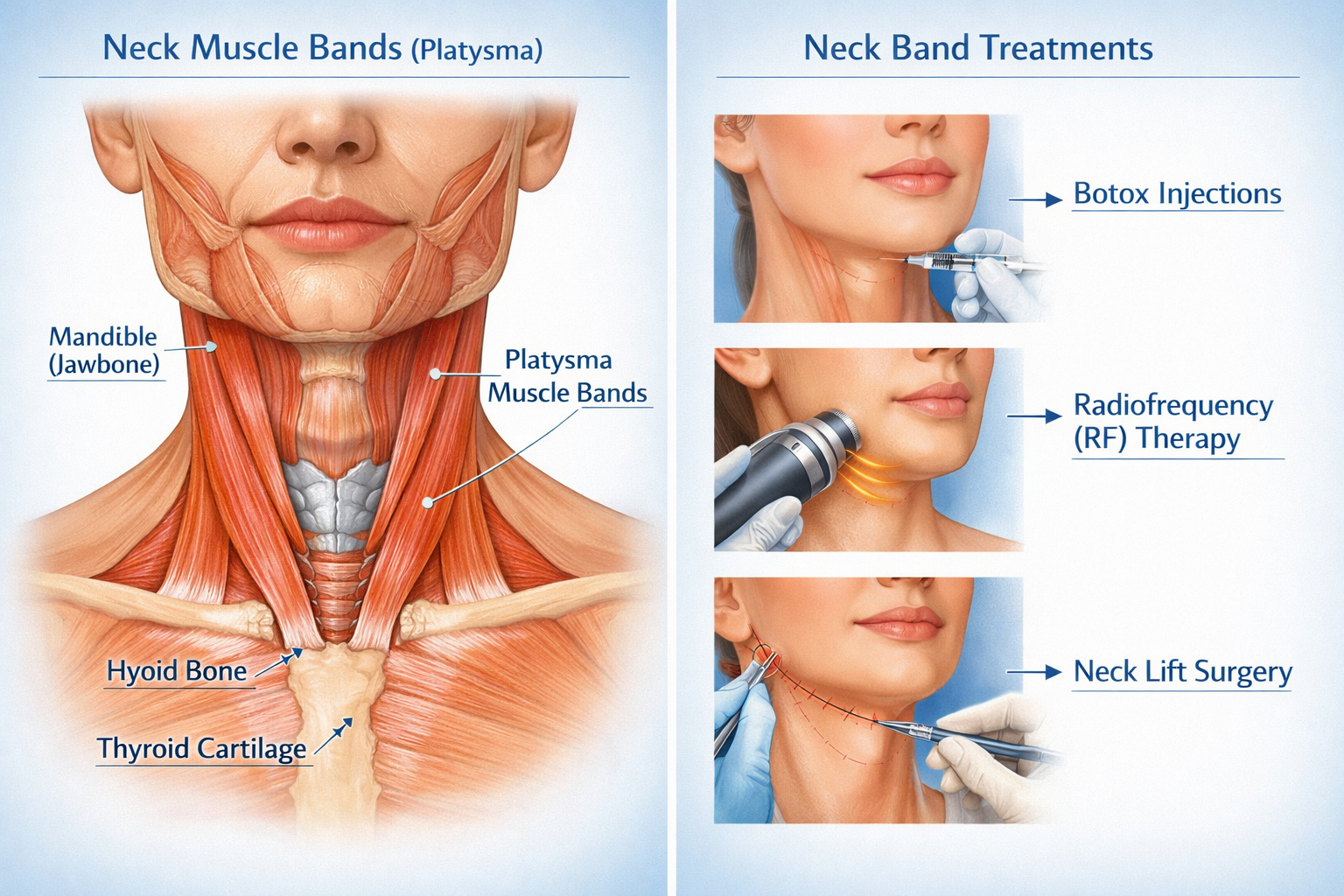 Detailed landscape format (1536x1024) medical illustration showing neck band anatomy and treatment options. Split-screen composition with le