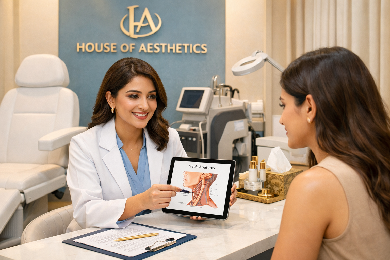 Professional landscape format (1536x1024) image of modern aesthetic clinic consultation room in Delhi. Female dermatologist in white coat co