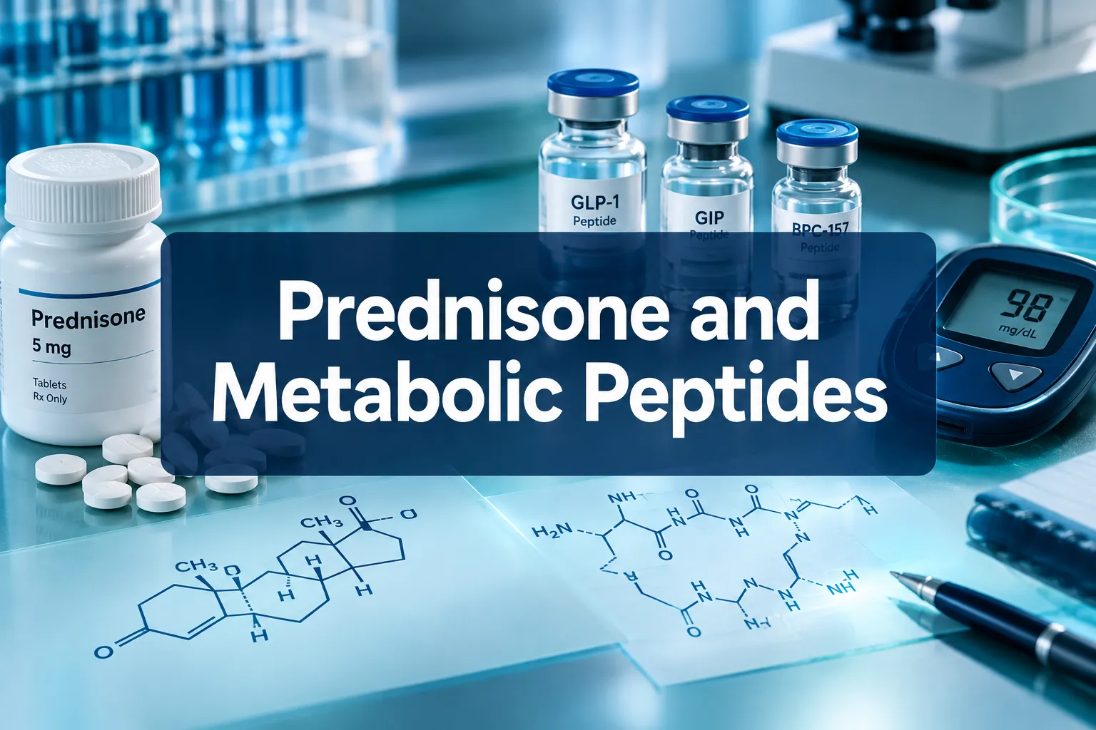 Professional () hero image with 'Prednisone and Metabolic Peptides' in crisp white on a deep navy semi-transparent panel,